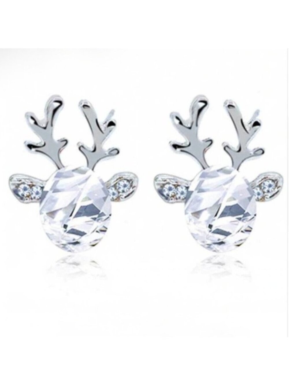 Silver Reindeer Clear Crystal Christmas Stud Earrings